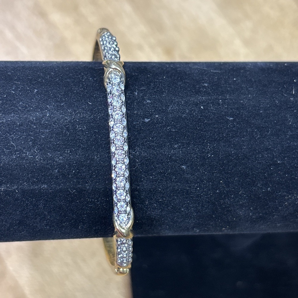 Vintage Two Tone Pave Rhinestone Gold Tone Hinged Bangle Bracelet Crystal